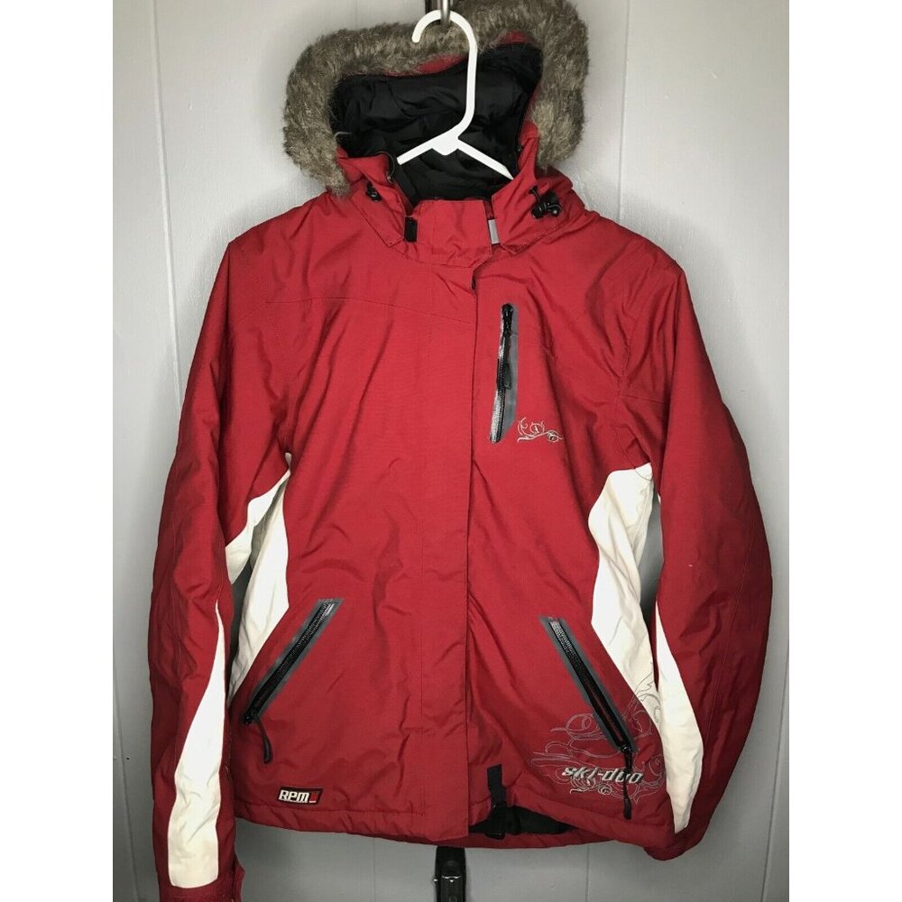 Ski Doo Snowmobile Winter Jacket Red Faux Fur Hood Muskoka Women’s Size Med